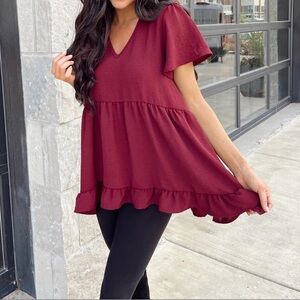 Women's Burgundy Ruffle Hem Top